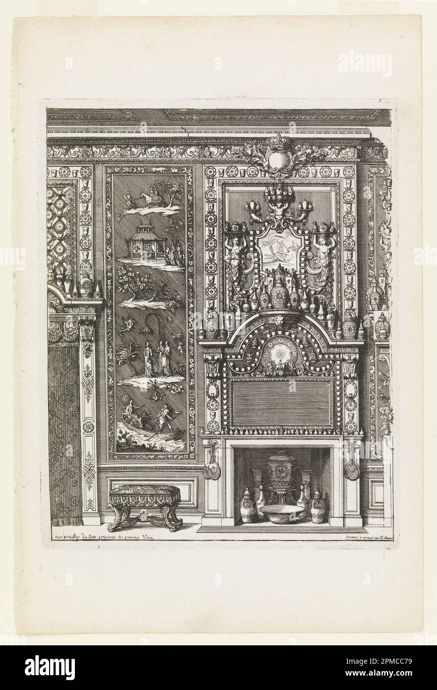 Stampa, disegno per un muro di ciniglia con pannelli laccati e porcellana di 'Nouvelles Chiminees Faittes en Plusieur en Droits de la Hollande et Autres Provinces du Dessin de D. Marot'; disegnato da Daniel Marot (francese, attivo nei Paesi Bassi e in Inghilterra, 1661-1752); Francia; incisione e incisione su carta crema; 34 x 22,4 cm (13 3/8 x 8 13/16 pollici) Foto Stock