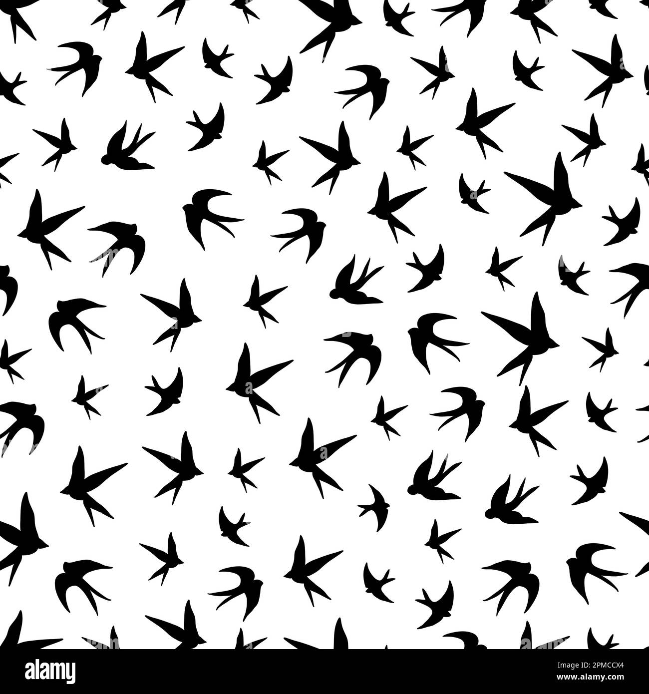 Swallows uccelli silhouette nera su sfondo bianco senza cuciture motivo di design in tessuto Illustrazione Vettoriale