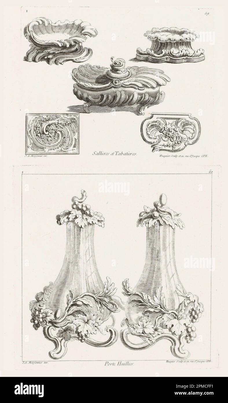 Print, Porte Huillier [disegni per cruets], pl. 60 in Oeuvre de Juste-Aurele Meissonnier; disegnato da Juste-Aurèle Meissonnier (francese, b. Italia, 1695–1750); inciso da Gabriel Huquier (francese, 1695–1772); Francia; incisione su carta deposta biancastra; Platemark: 25,6 x 25 cm (10 1/16 x 9 13/16 in.) Foto Stock