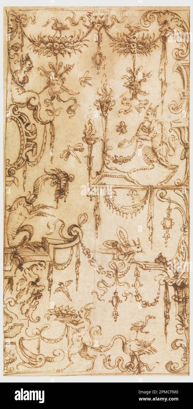 Disegno, disegno per decorazione grottesca; sconosciuto; Italia; inchiostro nero e marrone su carta posata, montato su carta posata; tappetino: 71,1 x 55,9 cm (28 x 22 pollici) A x L: 17,9 x 9,2 cm (7 1/16 x 3 5/8 pollici) matted con 1994-64-1 e 1994-64-3 Foto Stock Disegno, disegno per decorazione grottesca; sconosciuto; Italia; inchiostro nero e marrone su carta posata, montato su carta posata; tappetino: 71,1 x 55,9 cm (28 x 22 pollici) A x L: 17,9 x 9,2 cm (7 1/16 x 3 5/8 pollici) matted con 1994-64-1 e 1994-64-3 Foto Stock