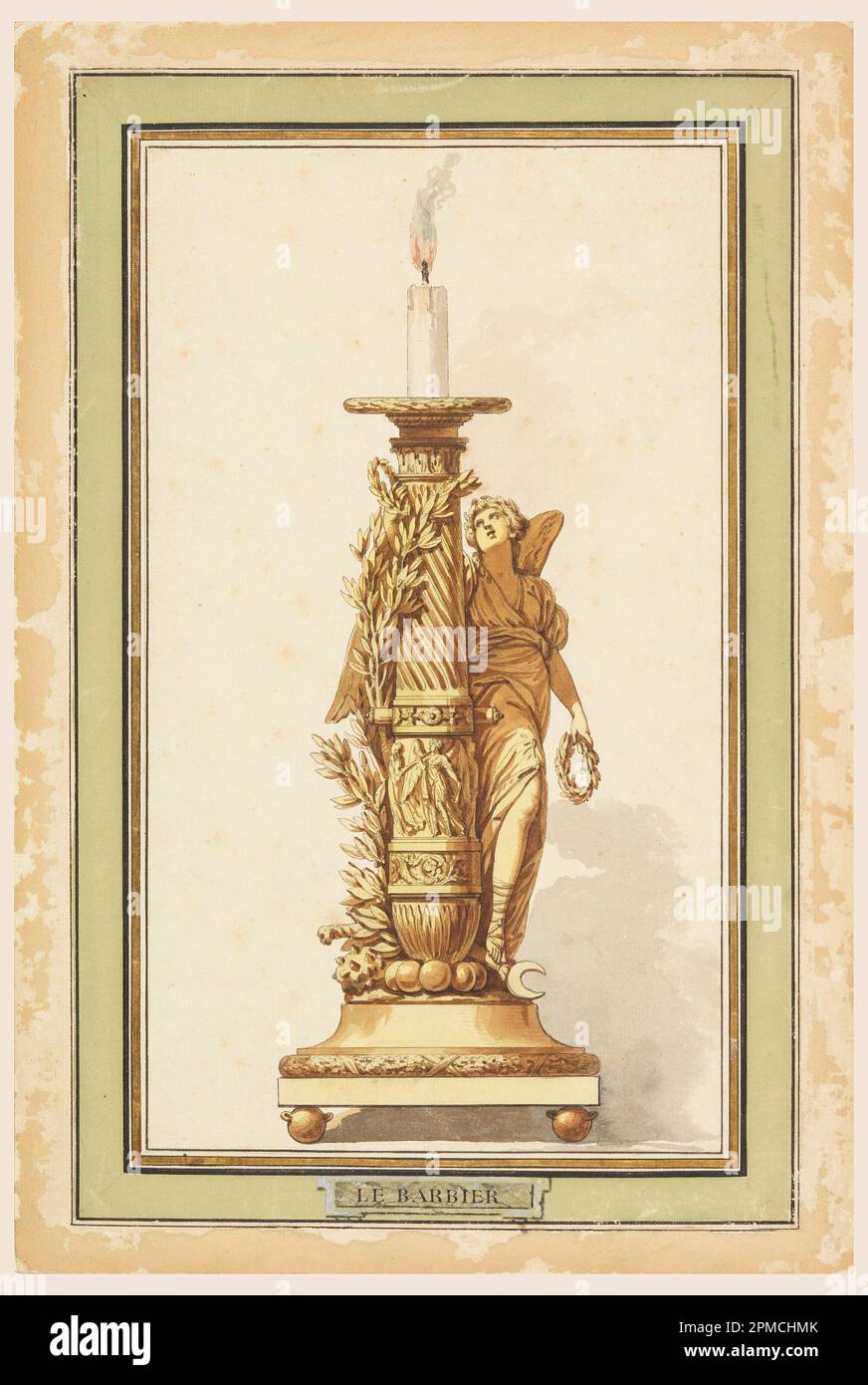 Disegno, progettazione per un candelabro di bronzo; Jean-Jacques-Francois le Barbier (francese, 1738 – 1826); Francia; penna e inchiostro nero, pennello e grigio, lavaggio marrone, acquerello giallo su carta rivestita con supporto per carta; 34,3 x 19,6 cm (13 1/2 x 7 11/16 in.) Tappetino (tappetino): 55,9 x 40,6cm (22 x 16in.) Foto Stock