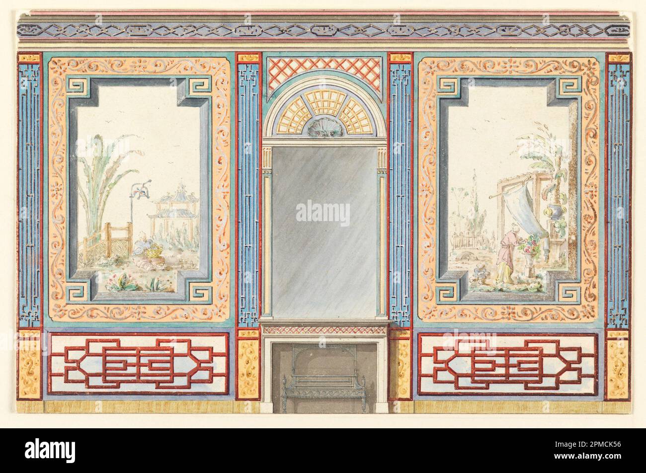 Disegno, design per la Sala banchetti, Royal Pavilion, Brighton; Frederick Crace (inglese, 1779–1859); Patrono: Giorgio IV, re d'Inghilterra; Inghilterra; pennello e rosso, gouache bianco, Acquerello, vernice argentata, penna e inchiostro nero, grafite su carta bianca con imbianchino; tappetino: 35,6 x 45,7 cm (14 x 18 pollici) 17,6 x 26,8 cm (6 15/16 x 10 9/16 pollici) Foto Stock
