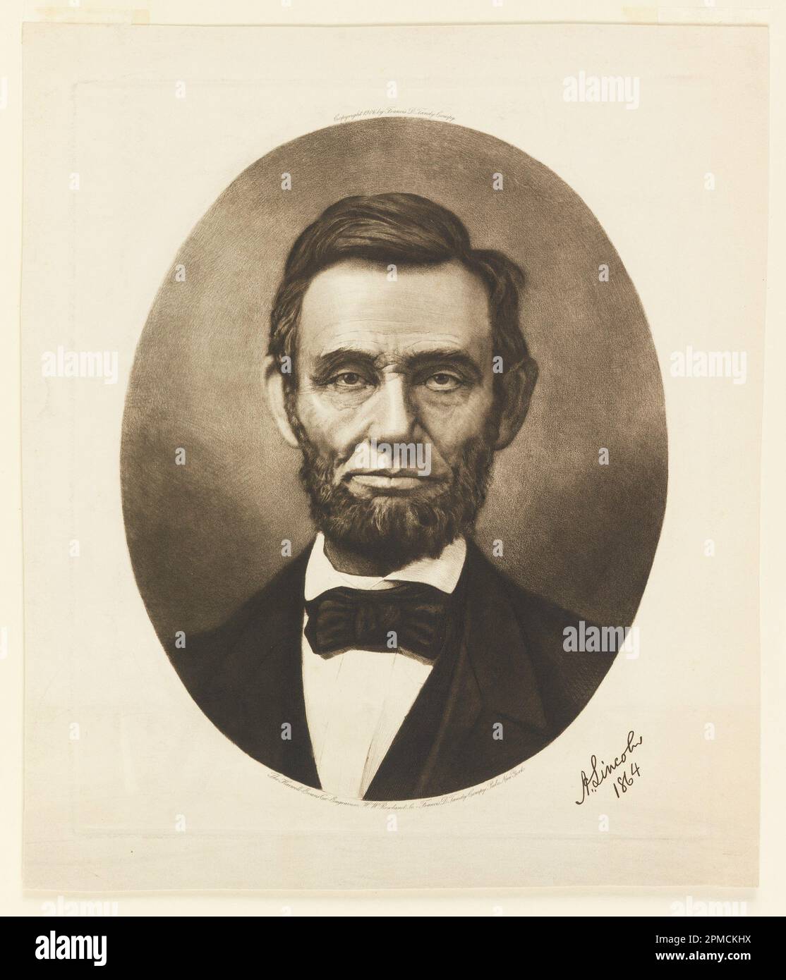 Stampa, Ritratto di Abraham Lincoln; inciso da Harwell-Evans Co., incisore; pubblicato da Francis D. Tandy Company, New York; Print Maker: H.W Rowland (americano); USA; mezzotinta con punto secco e inchiostro nero su carta bianca; 30 x 25 cm (11 13/16 x 9 13/16 pollici); 1955-111-166 Foto Stock