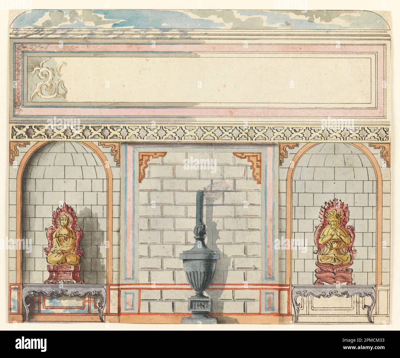 Disegno, Design per ingresso, parete orientale, Royal Pavilion, Brighton; Frederick Crace (inglese, 1779–1859); Inghilterra; pennello e acquerello, penna e inchiostro nero, grafite su carta bianca; totale: 22,3 x 27,2cm (8 3/4 x 10 11/16in.) Tappetino: 35,6 x 45,7 cm (14 x 18 pollici) Foglio aggiuntivo: 12,9 x 11,2 cm (5 1/16 x 4 7/16 pollici) Foto Stock Disegno, Design per ingresso, parete orientale, Royal Pavilion, Brighton; Frederick Crace (inglese, 1779–1859); Inghilterra; pennello e acquerello, penna e inchiostro nero, grafite su carta bianca; totale: 22,3 x 27,2cm (8 3/4 x 10 11/16in.) Tappetino: 35,6 x 45,7 cm (14 x 18 pollici) Foglio aggiuntivo: 12,9 x 11,2 cm (5 1/16 x 4 7/16 pollici) Foto Stock
