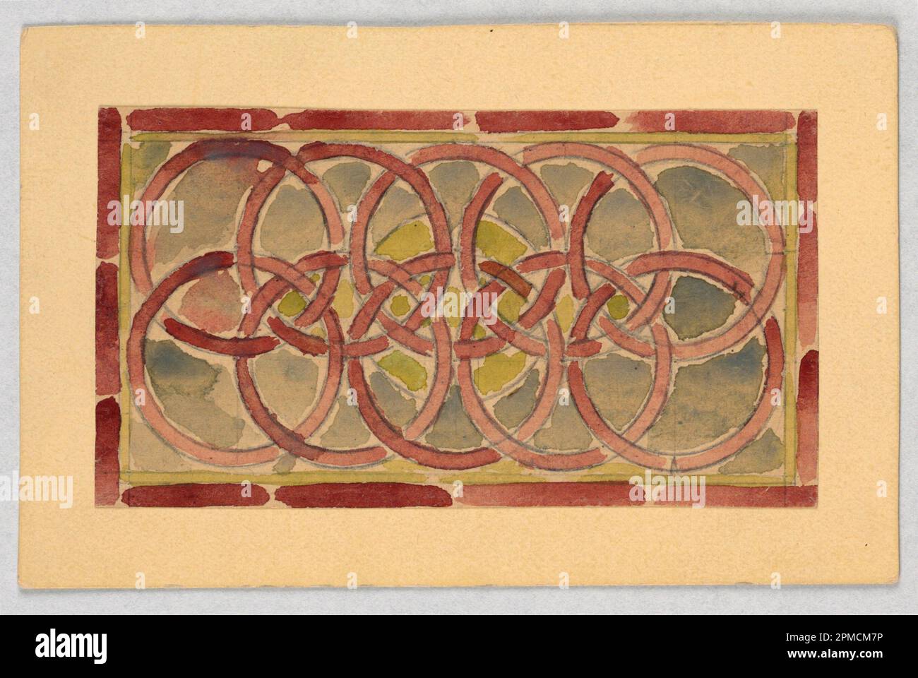Disegno, design per vetro colorato; progettato da Alice Cordelia Morse (americano, 1863–1961); USA; pennello e gouache su carta, montati sulla tavola delle illustrazioni; immagine: 5,5 x 10,2 cm (2 3/16 x 4 pollici) Foglio: 7,9 x 12,3 cm (3 1/8 x 4 13/16 pollici) Foto Stock
