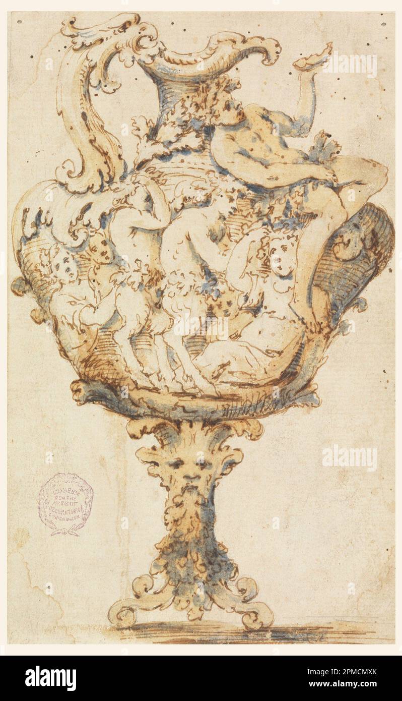 Disegno, design per caraffa maiolica; Italia; gesso nero, inchiostro nero e nero-marrone, pennello e seppia, lavaggio blu su carta; 18,9 x 11,7 cm (7 7/16 x 4 5/8 in.) Foto Stock