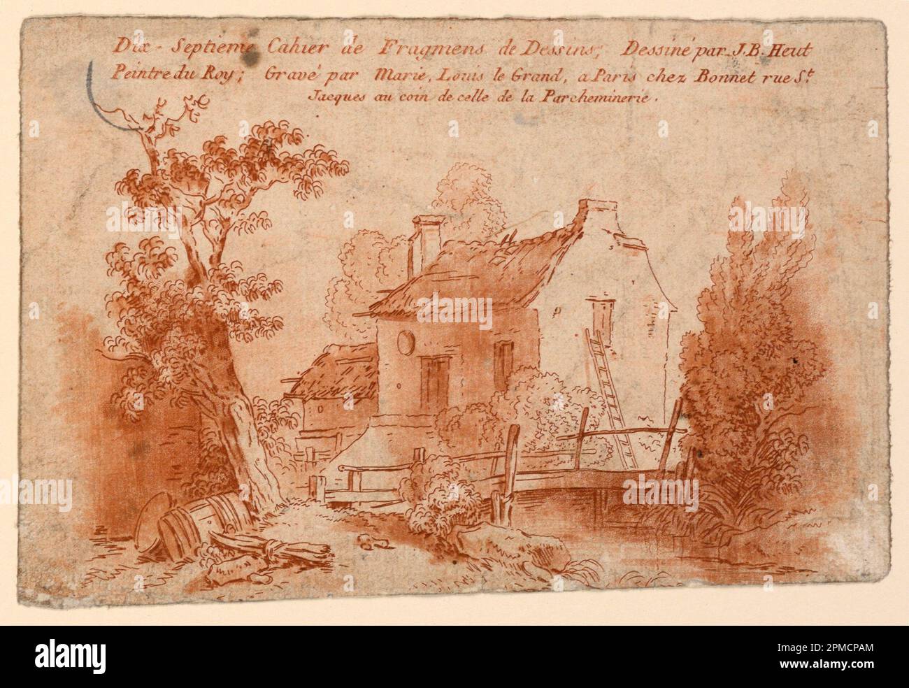 Stampa, pagina del titolo, da 'Dix-Septième Cahier de Fragmens...'; dopo Jean-Baptiste Huët (1745 – 1811); Francia; incisione a pastello in inchiostro rosso su carta; 13,8 x 20,4 cm (5 7/16 x 8 1/16 pollici) Foto Stock