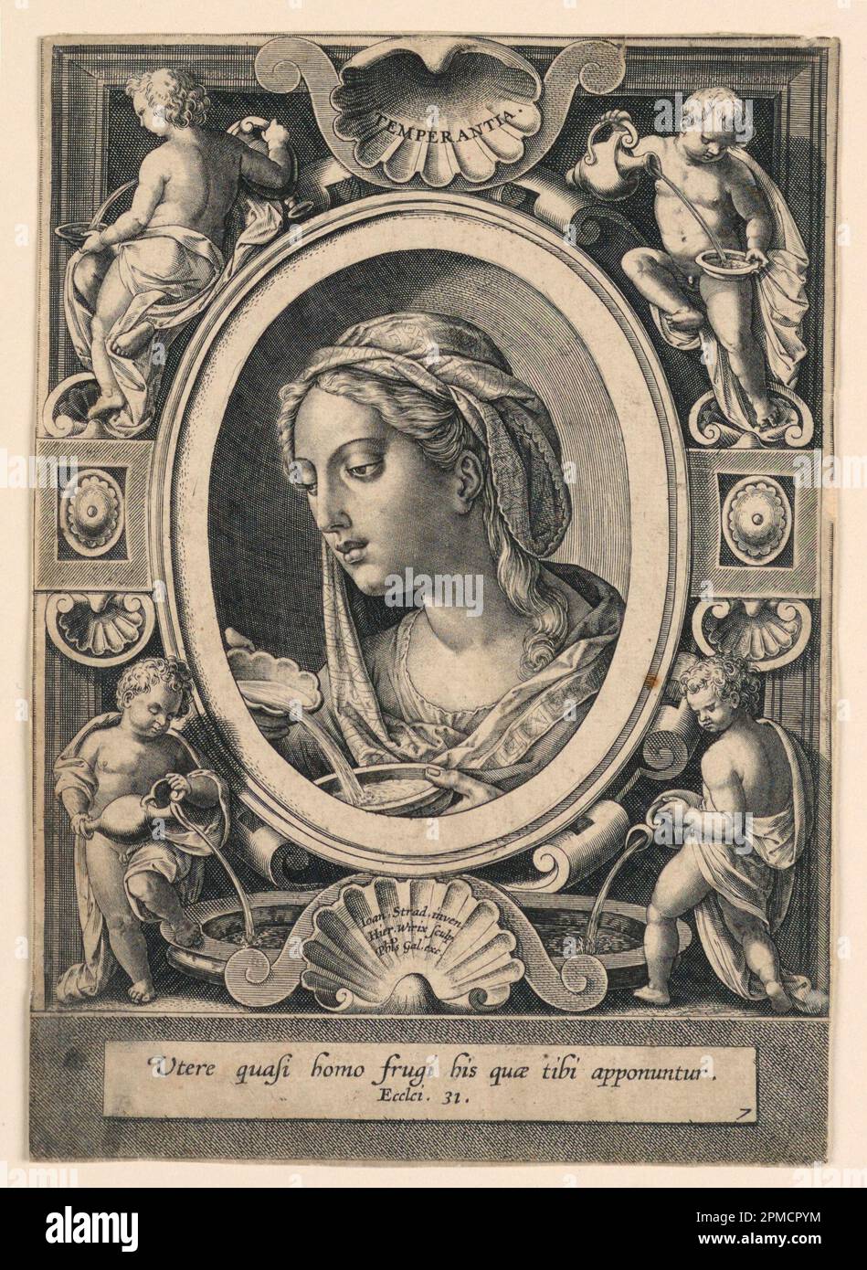 Print, Temperance, Plate 7 di 'VII Virtustim...imagines', ca. 1575; disegnato da Jan van der Straet, chiamato Stradanus (fiammingo, 1523–1605); inciso da Hieronymus Wierix; Paesi Bassi; incisione su carta; 18,6 x 13,2 cm (7 5/16 x 5 3/16 pollici); Bequest di George Campbell Cooper; 1896-3-100 Foto Stock
