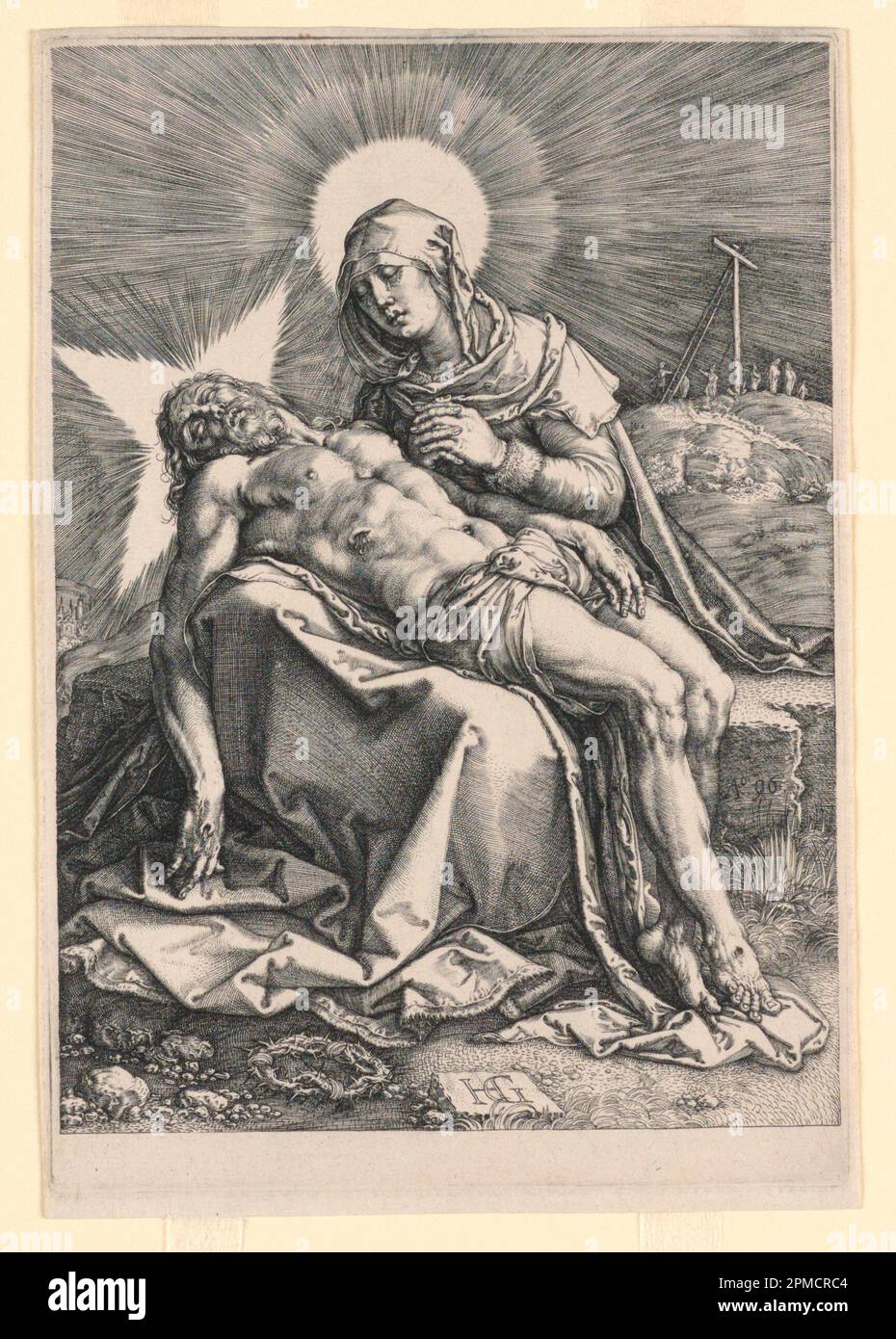 Stampa, Pieta; disegnato da Hendrik Goltzius (Olanda, 1558 – 1617); Olanda; incisione su carta steso biancastra; 1950-30-21 Foto Stock