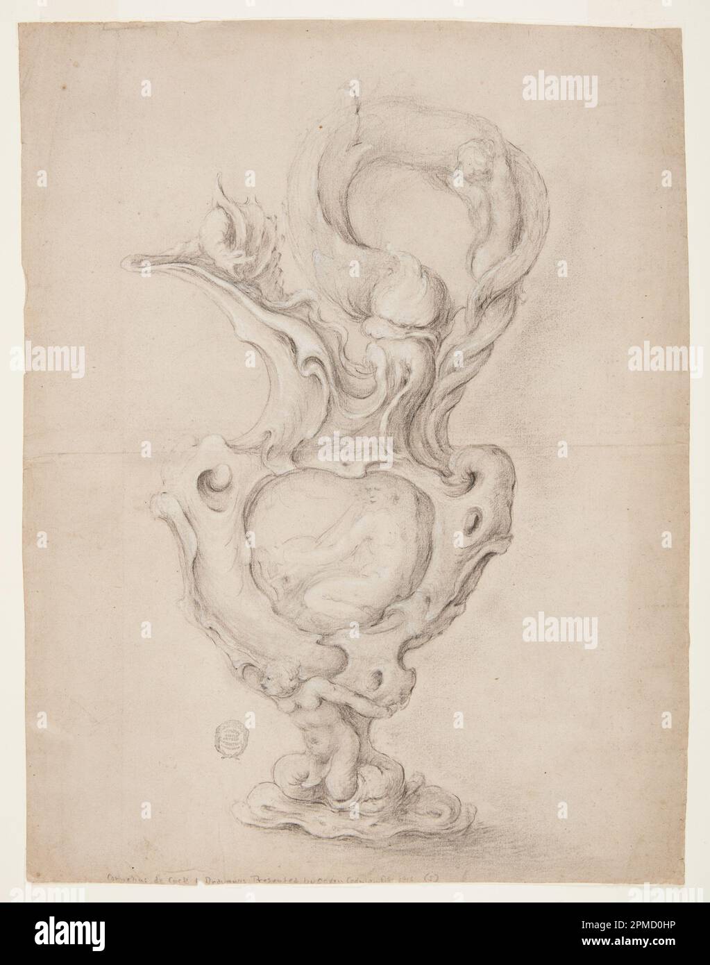 Disegno, disegno per un Ewer; cerchio di Jan Lutma (olandese, ca. 1584 - 1669); Paesi Bassi; gesso bianco e nero su carta beige Foto Stock