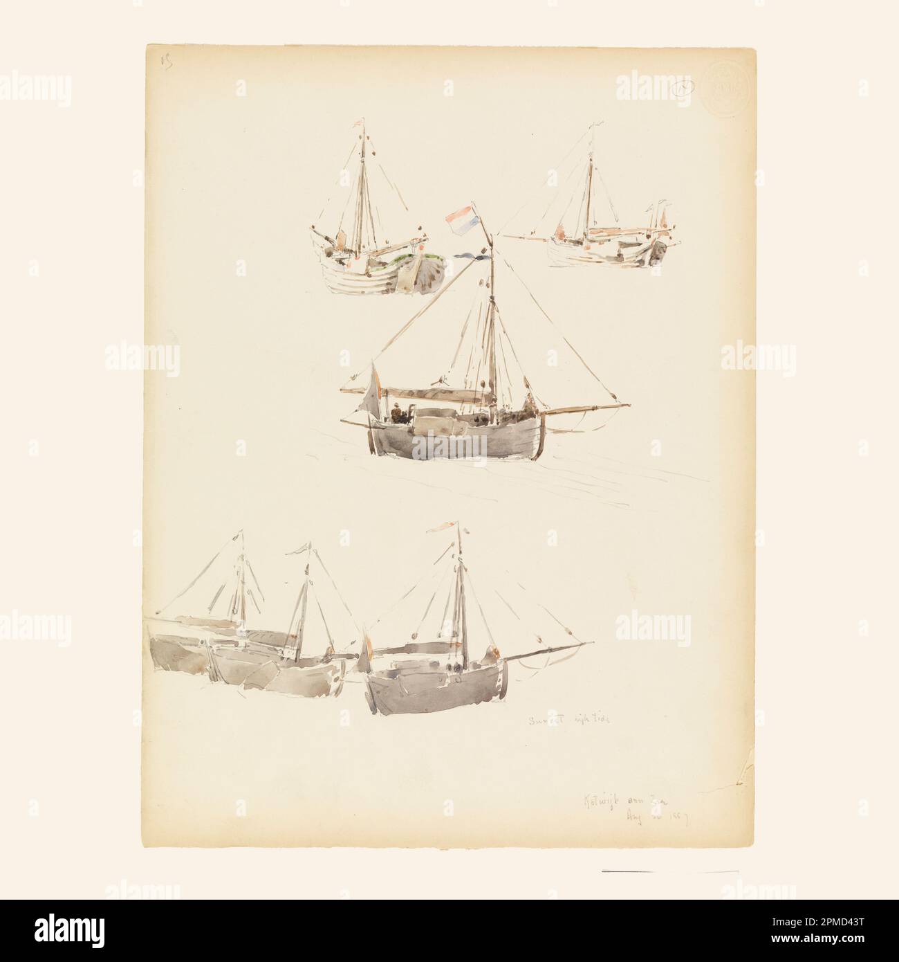 Disegno, chiatte olandesi; Whitney Warren Jr. (Americano, 1864–1943); USA; grafite, pennello e acquerello sulla tavola delle illustrazioni; 31,3 x 23,9 cm (12 5/16 x 9 7/16 in.) Foto Stock