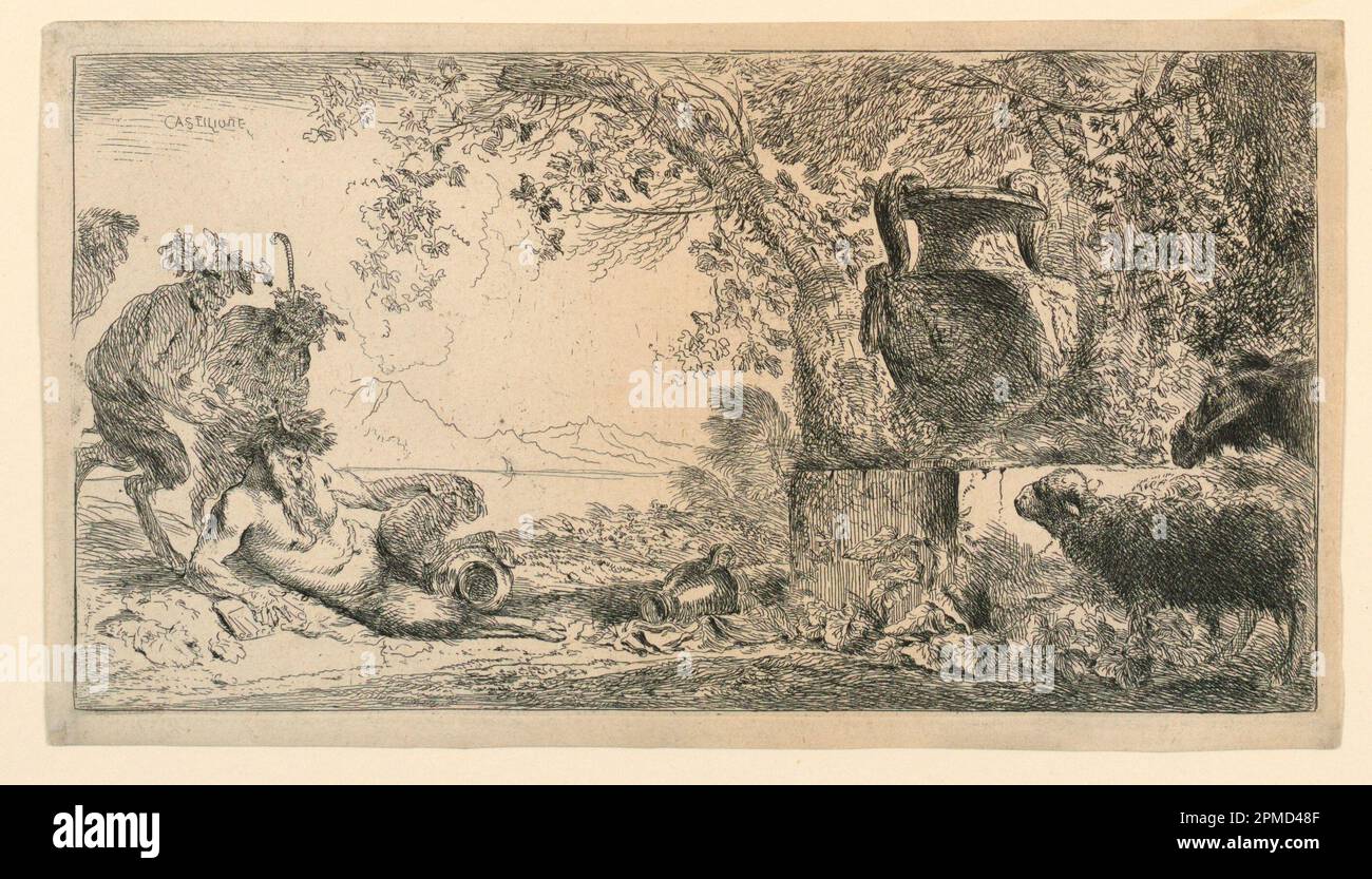 Stampa, Pan seduto di fronte a un vaso; disegnato da Giovanni Benedetto Castiglione (italiano, 1609–1664); Italia; incisione su carta; 12,5 x 22,1 cm (4 15/16 x 8 11/16 in.); 1896-31-50 Foto Stock
