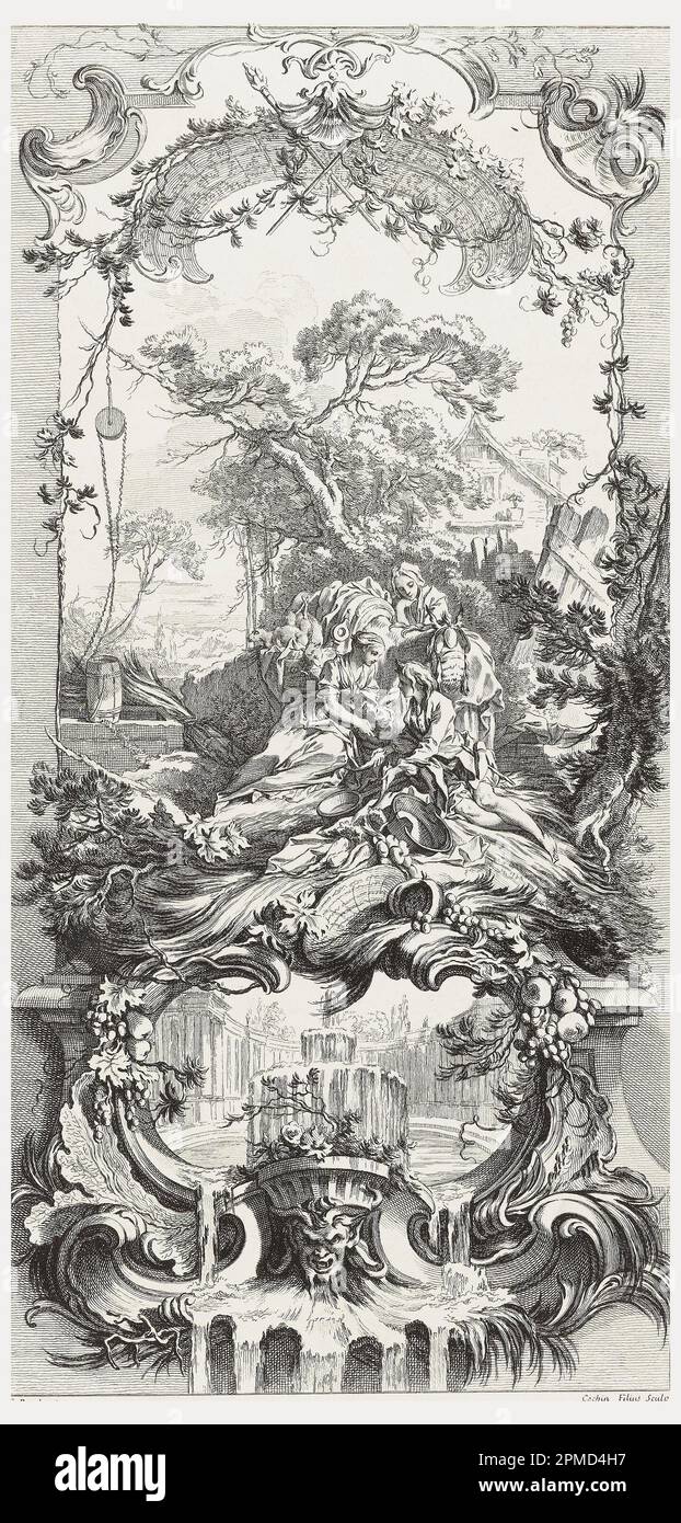 Print, Triomphe de Pomone; Designed by Francois Boucher (French, 1703–1770); Print Maker: Charles Nicolas Cochin il giovane (1715-1790); Published by Nicolas de Larmessin IV (French, 1684-1755); France; Etching e incisione su carta bianca; Platemark: 52,3 x 26,3 cm (20 9/16 x 10 3/8 in.) Foglio: 63,9 x 44,5 cm (25 3/16 x 17 1/2 pollici) Foto Stock