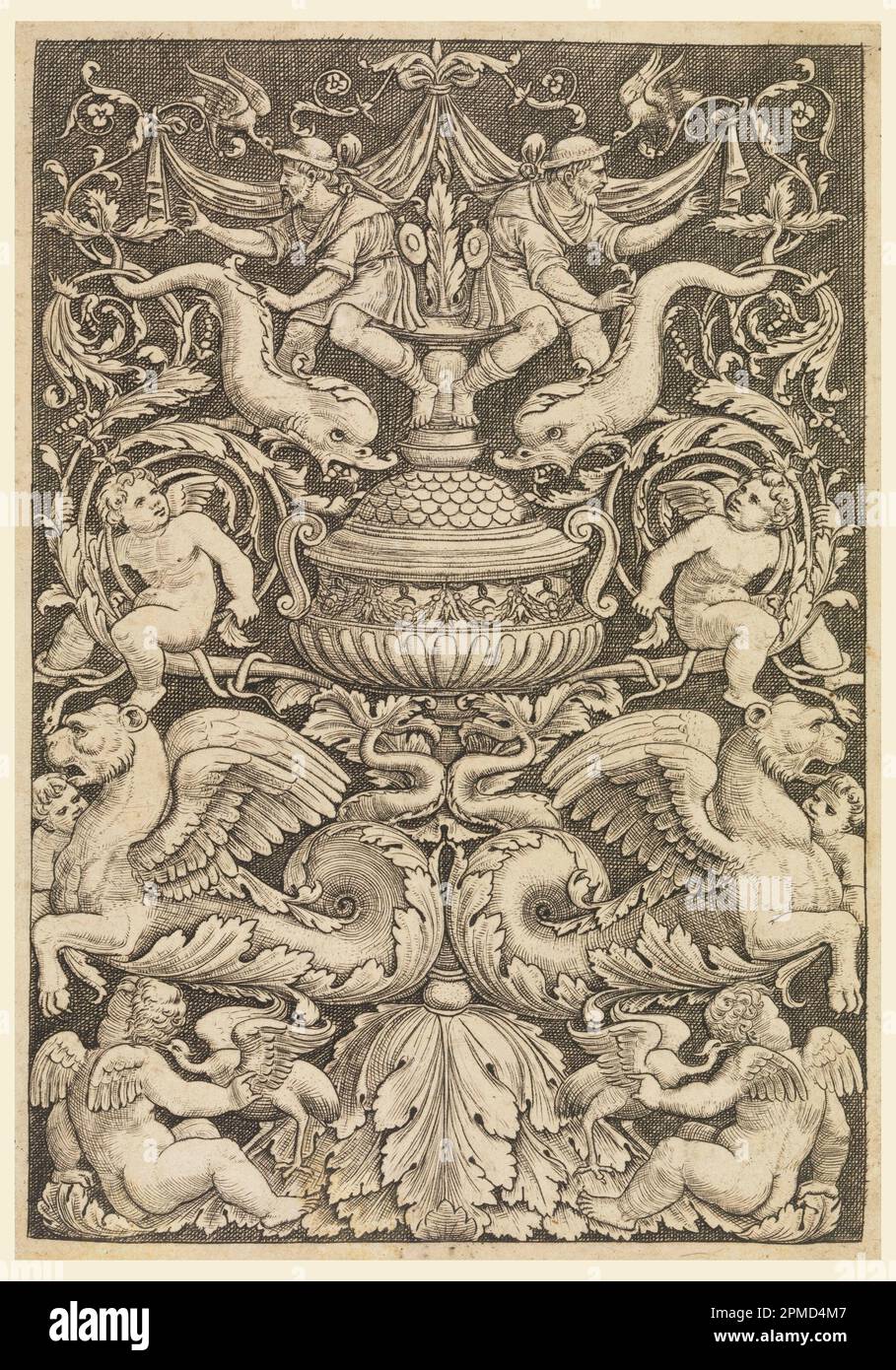 Stampa, grottesca con delfini e leoni alati; incisa dal Maestro del Die; Italia; incisione su carta stesa; tappetino: 45,7 x 35,6 cm (18 x 14 pollici) Foto Stock
