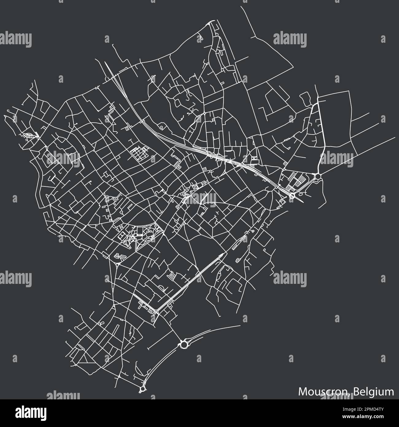 Mappa dettagliata delle strade urbane di navigazione disegnata a mano del COMUNE di MOUSCRON della città belga di MOUSCRON, Belgio, con linee stradali vivaci AN Illustrazione Vettoriale