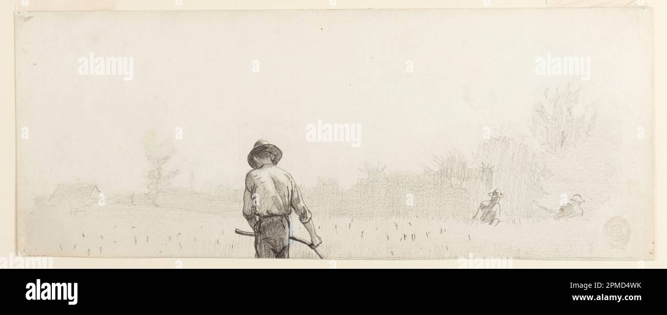 Disegno, uomo con uno Scythe; Winslow Homer (americano, 1836–1910); USA; grafite, correzioni in pennello e gouache bianche su carta bianca pesante con wove; 14,2 x 35,7 cm (5 9/16 x 14 1/16 pollici) Foto Stock