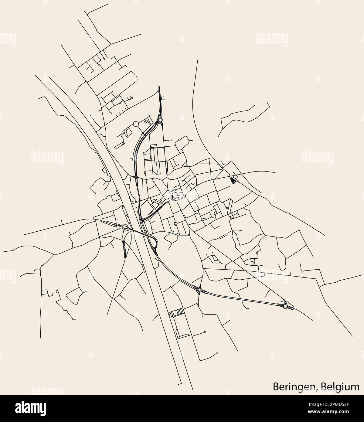 Mappa dettagliata delle strade urbane di navigazione disegnata a mano del COMUNE DI BERINGEN della città belga di BERINGEN, Belgio, con linee stradali vivaci AN Illustrazione Vettoriale