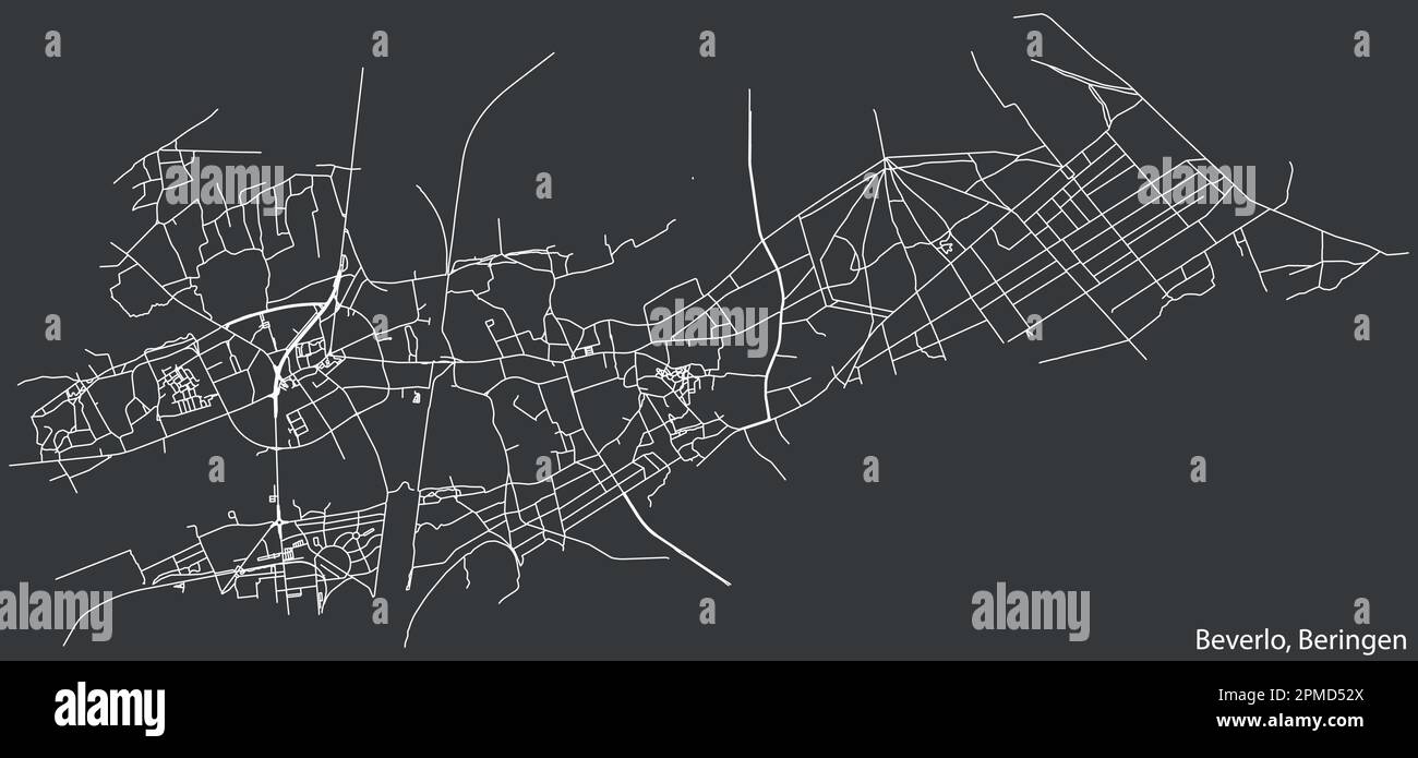 Mappa dettagliata delle strade urbane di navigazione disegnata a mano del COMUNE di BEVERLOO della città belga di BERINGEN, Belgio, con vivaci linee stradali AN Illustrazione Vettoriale