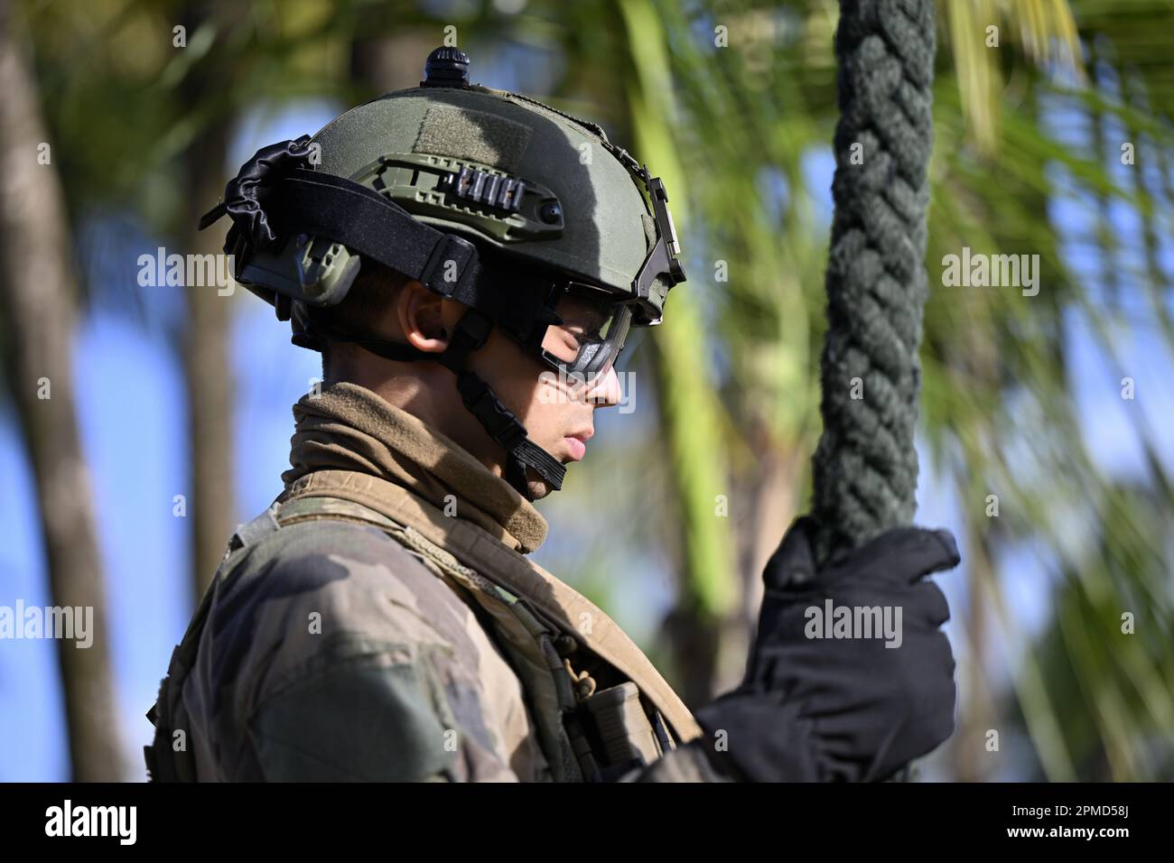 Cayenne, Francia. 12th Apr, 2023. L'immagine mostra una visita alla caserma militare del 3rd° Reggimento della Fanteria straniera '3 REI' durante una visita regale al Centro spaziale della Guiana a Kourou, Guyana Francese, Francia, mercoledì 12 aprile 2023. Giovedì la missione esploratrice di Jupiter Icy Moons dell'ESA 'Juice' è prevista per il lancio dallo Spaceport europeo di Kourou. FOTO DI BELGA ERIC LALMAND Credit: Belga News Agency/Alamy Live News Foto Stock