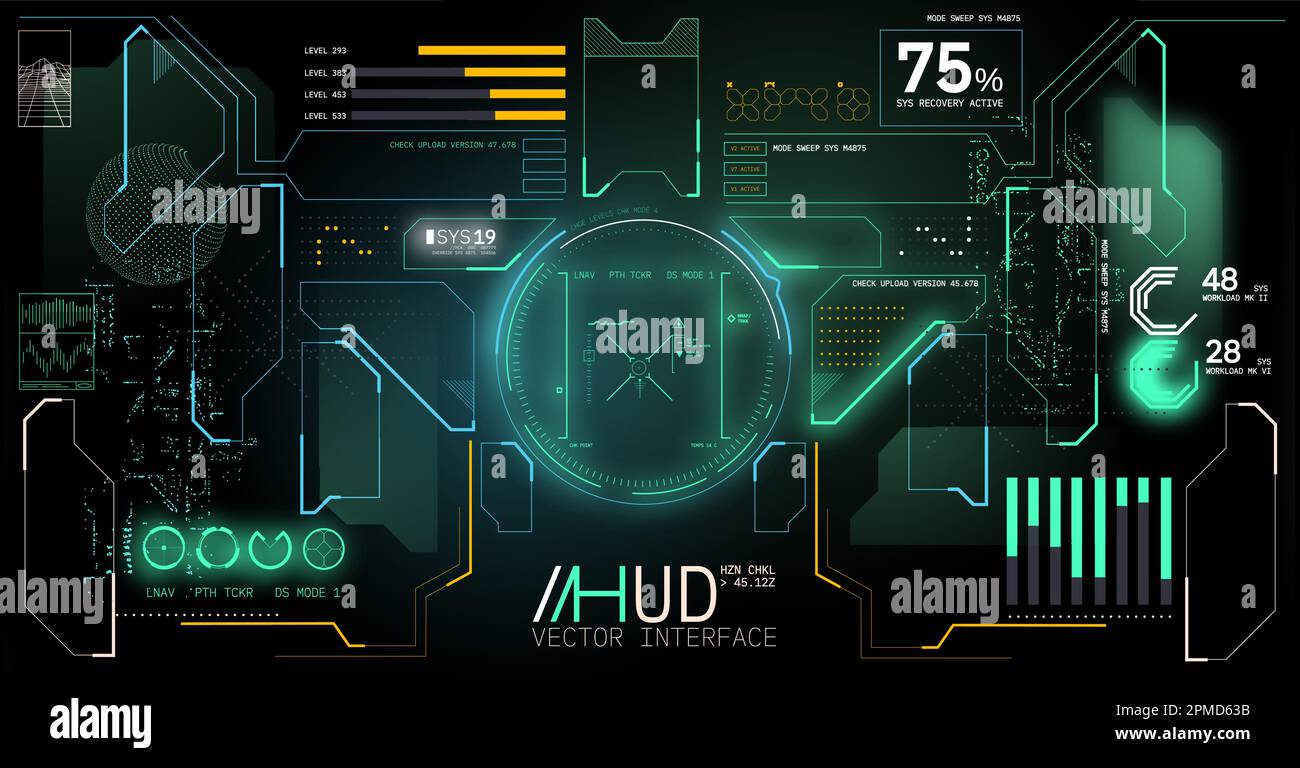 Un set futuristico di elementi wireframe interfaccia HUD cyberpunk estetica. Illustrazione vettoriale. Illustrazione Vettoriale