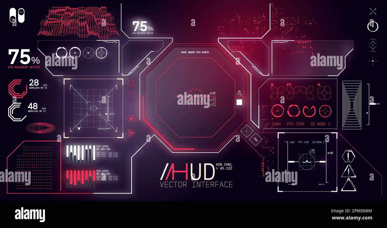 Kit di elementi display HUD futuristici per interfaccia utente cyberpunk. Illustrazione vettoriale Illustrazione Vettoriale