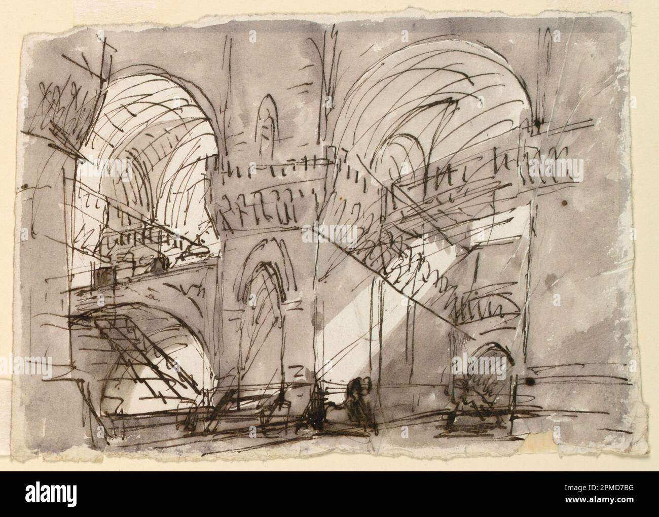 Disegno, scenografia, interni penitenziari; attribuito a Pietro di Gottardo Gonzaga (1751 - 1831); Italia; inchiostro nero e marrone, pennello e lavaggio grigio-marrone su carta di ovino Foto Stock