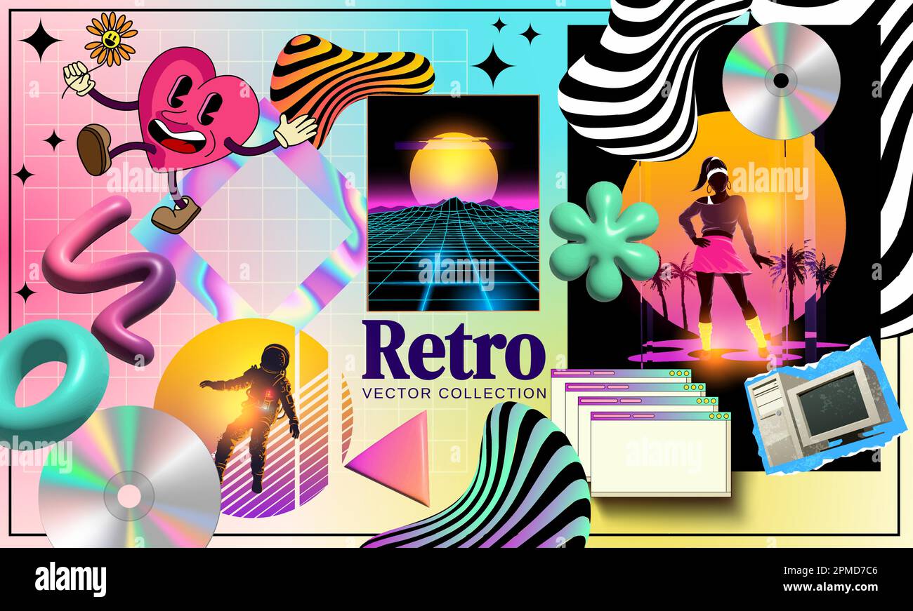 Una collezione di adesivi postmoderni, forme e texture retrò con gli stili degli anni '80s e '90s. Illustrazione vettoriale Illustrazione Vettoriale