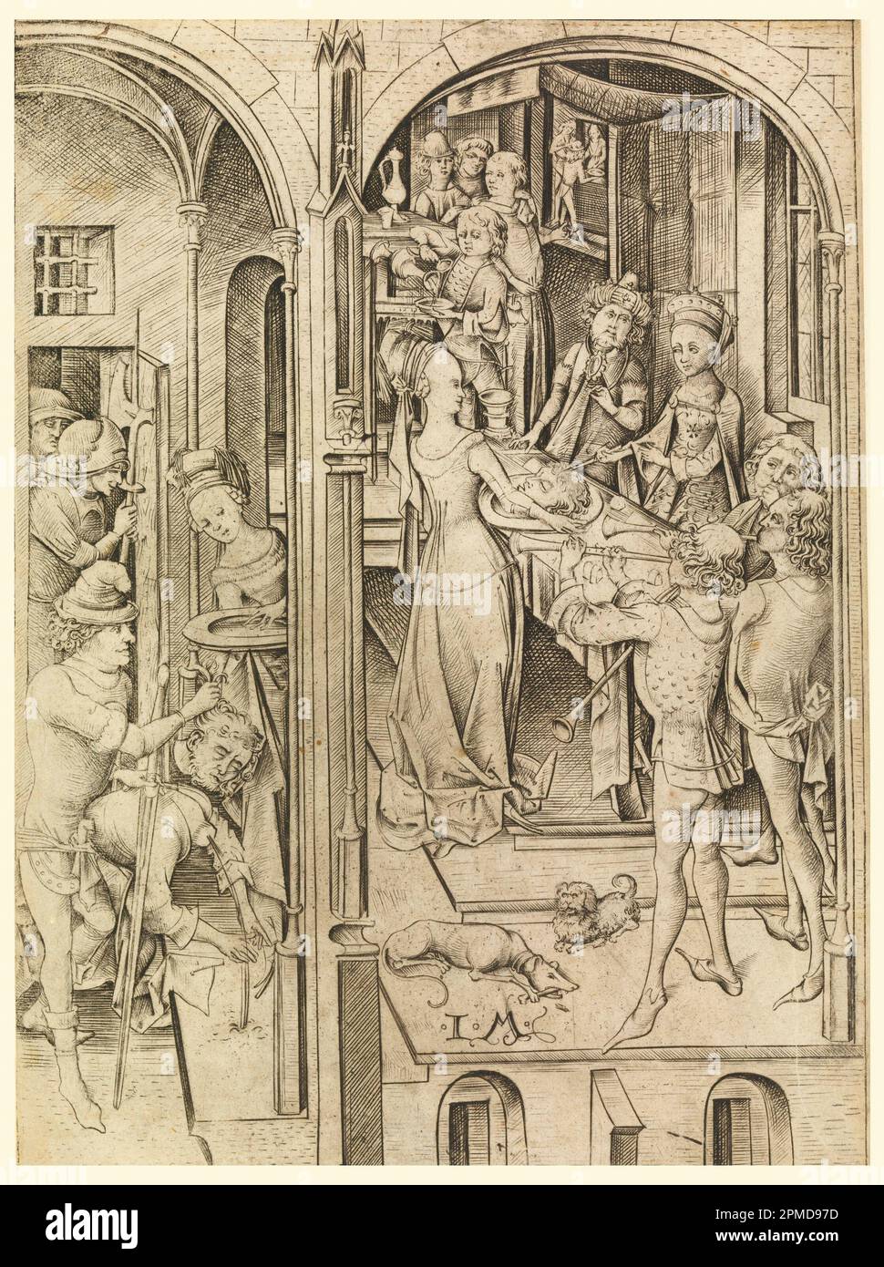 Print, la decapitazione di Giovanni Battista; Print Maker: Israhel van Meckenem (tedesco, ca. 1440 - 1503); Germania; incisione su carta bianca; 21,4 x 15,7 cm (8 7/16 x 6 3/16 pollici) Foto Stock