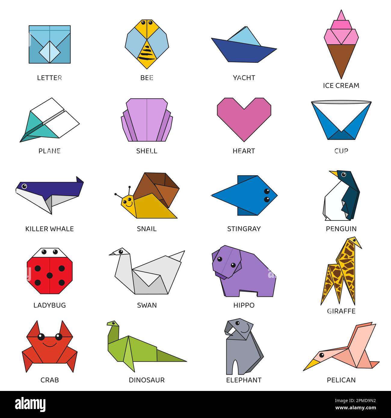 Set vettoriale Origami di diversi oggetti colorati. Illustrazione Vettoriale