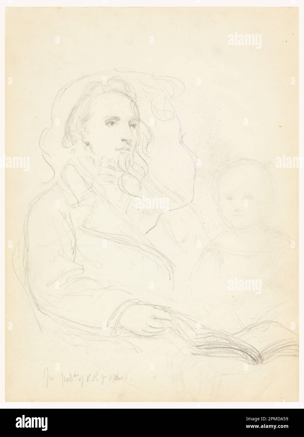 Disegno, bozzetti per 'la lezione della Carita' e ritratto di Peter Richards, Jr.; Daniel Huntington (americano, 1816–1906); USA; grafite su carta crema Foto Stock