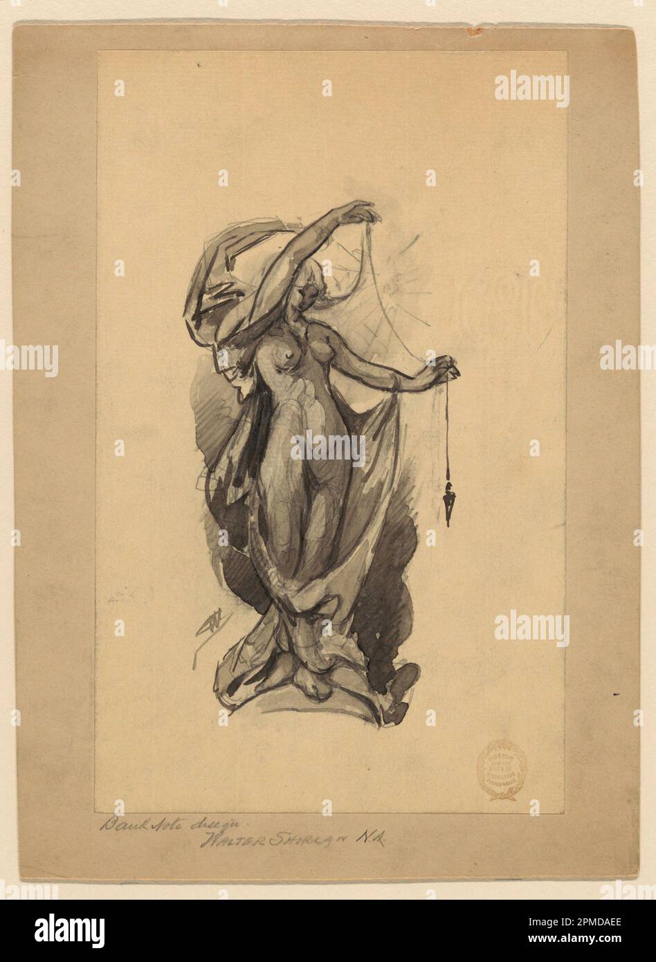 Disegno, disegno di nota della banca; Walter Shirlaw (americano, b. Scozia, 1838–1909); USA; lavaggio a pennello e grigio, inchiostro, grafite su carta color panna; 22,7 x 14,1 cm (8 15/16 x 5 9/16 pollici) Montaggio: 25,5 x 18,7 cm (10 1/16 x 7 3/8 poll.) Foto Stock