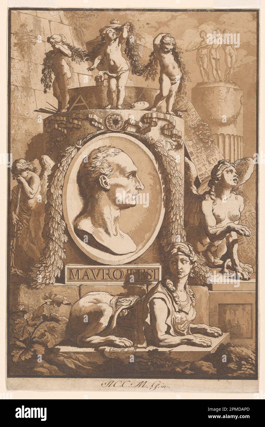 Stampa, Ritratto di Mauro Tesi (l; Conte Cesare Massimiliano Cini; Dedicatee: Mauro Antonio Tesi (italiano, 1730 - 1766); Italia; incisione con acquatinta, stampato in inchiostro marrone supporto: Carta bianca posata su carta bianca posata; 30,9 x 20,3 cm (12 3/16 x 8 in.) Tappetino: 45,7 x 35,6 cm (18 x 14 pollici) Foto Stock