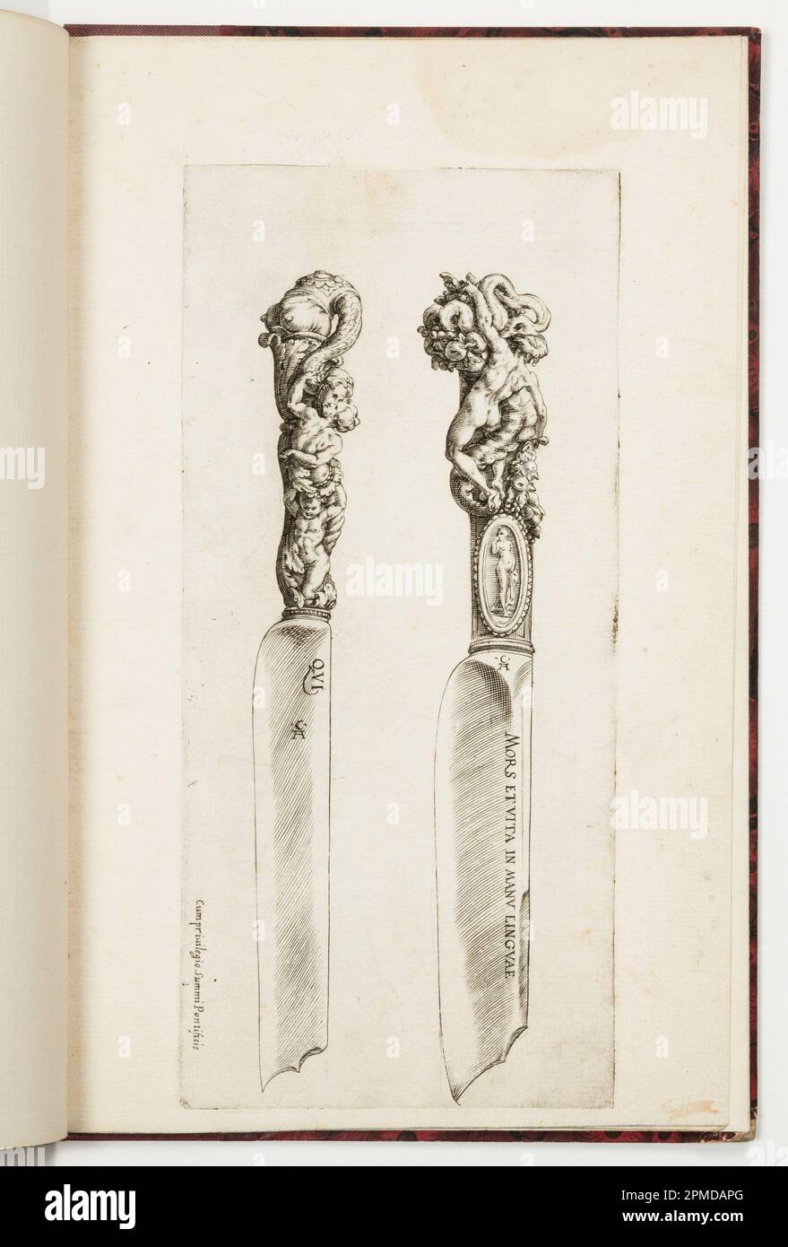 Stampa, design per due manici a coltello; disegnati da Francesco Salviati (italiano, 1510 – 1563); incisi da Aegidius Sadeler (1570 – 1629); editi da Cherubino Alberti (italiano, 1553 – 1615); Italia; incisione su carta steso biancastra; Platemark: 25,4 x 11,7 cm (10 x 4 5/8 in.) Foto Stock