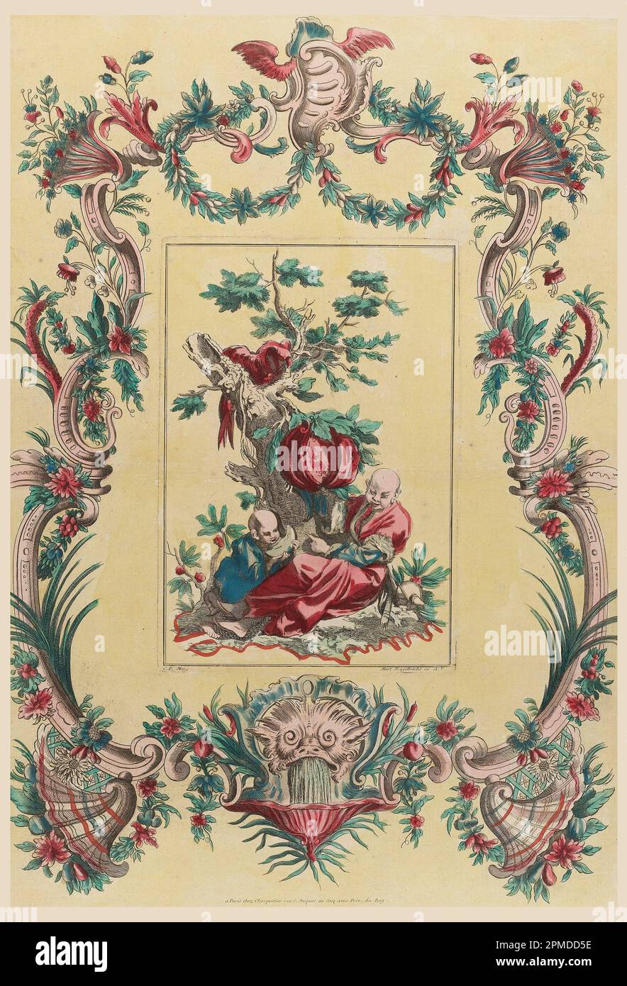 Stampa, schermo di fuoco: Il senso del gusto; dopo Franois Boucher (francese, 1703–1770); incisione, stampata da due lastre, colorata a mano con pennello e acquerello su carta; 79 x 55,2 cm (31 1/8 x 21 3/4 pollici) Foto Stock