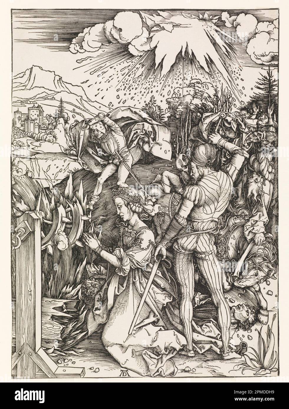 Stampa, il martirio di San Catherine; Print Maker: Albrecht Dürer (tedesco, 1471–1528); Germania; taglio di legno su carta crema; 39,3 x 28,7 cm (15 1/2 x 11 5/16 pollici); 1951-82-18 Foto Stock