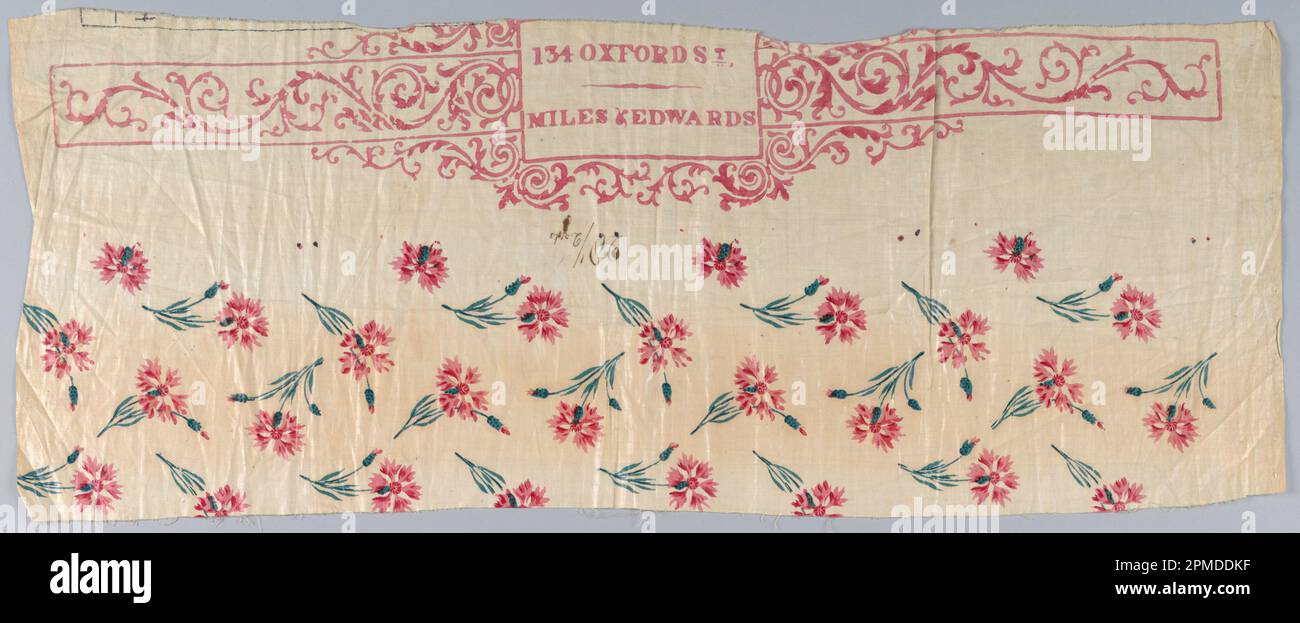 Fragment with Factory Stamp (Inghilterra); Company: Miles & Edwards; Cotton; Warp x trama: 26,5 x 65,5 cm (10 7/16 x 25 13/16 in.) Ripetizione H x W (unità minima di ripetizione del modello): 9 x 7,5 cm (3 9/16 x 2 15/16 in.); Bestest di Elinor Merrell; 1995-50-24 Foto Stock