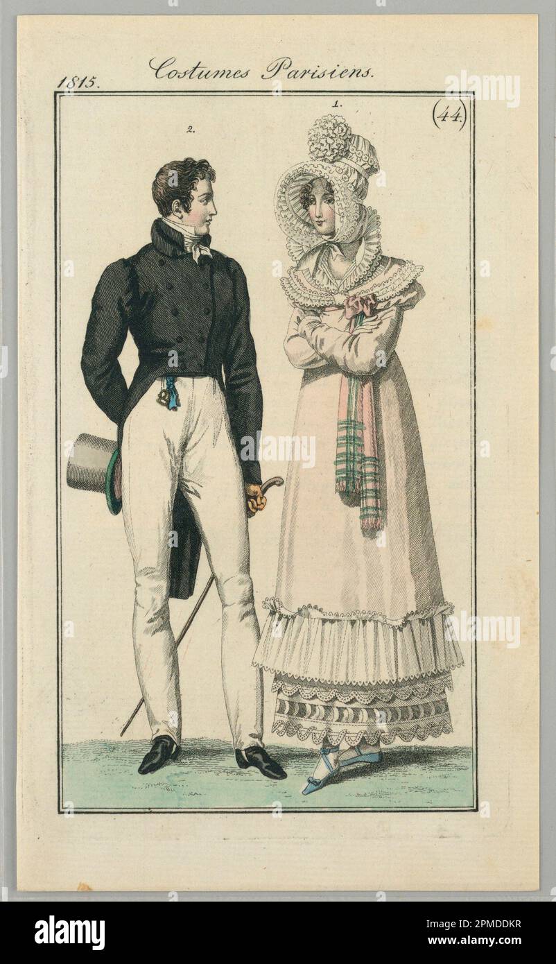 Stampa, costumi Parisiens di le Journal des Dames et des Modes, 1815, piastra 44; incisione colorata a mano su carta deposta biancastra; 19,3 x 11,4 cm (7 5/8 x 4 1/2 pollici) Foto Stock