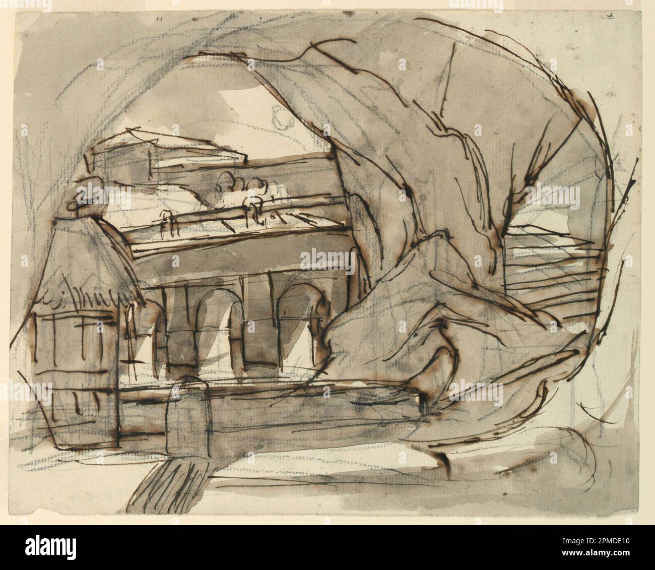 Disegno, scenografia, Grotta; attribuito a Pietro di Gottardo Gonzaga (1751 - 1831); Italia; inchiostro nero e marrone, pennello e lavaggi grigi, gesso nero su carta stesa Foto Stock