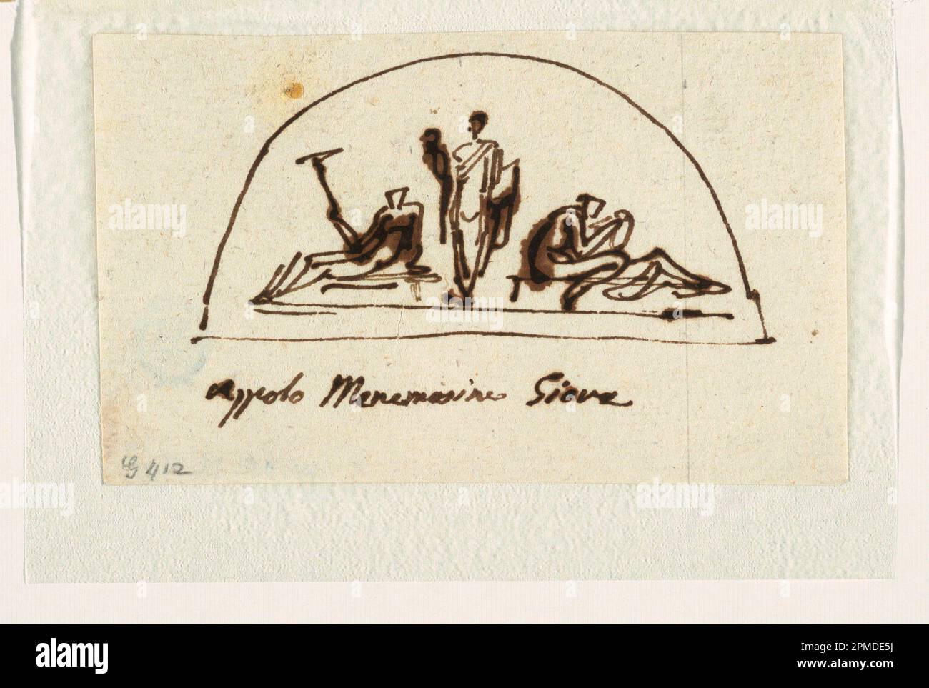 Disegno, design per lunette con Apollo, Mnemosyne e Jove; design di Felice Giani (italiano, 1758–1823); Italia; inchiostro marrone e penna su carta posata; 9,1 x 15 cm (3 9/16 x 5 7/8 pollici) Foto Stock Disegno, design per lunette con Apollo, Mnemosyne e Jove; design di Felice Giani (italiano, 1758–1823); Italia; inchiostro marrone e penna su carta posata; 9,1 x 15 cm (3 9/16 x 5 7/8 pollici) Foto Stock