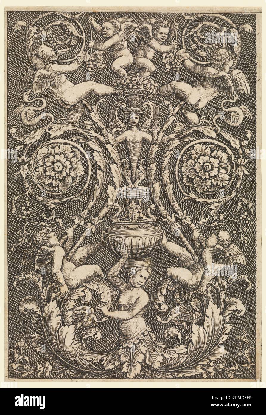 Stampa, grottesca con putti e vitigni; Maestro della Die; Italia; incisione su carta posata; 21,5 x 15 cm (8 7/16 x 5 7/8 in.) Tappetino: 45,7 x 35,6 cm (18 x 14 pollici) Foto Stock