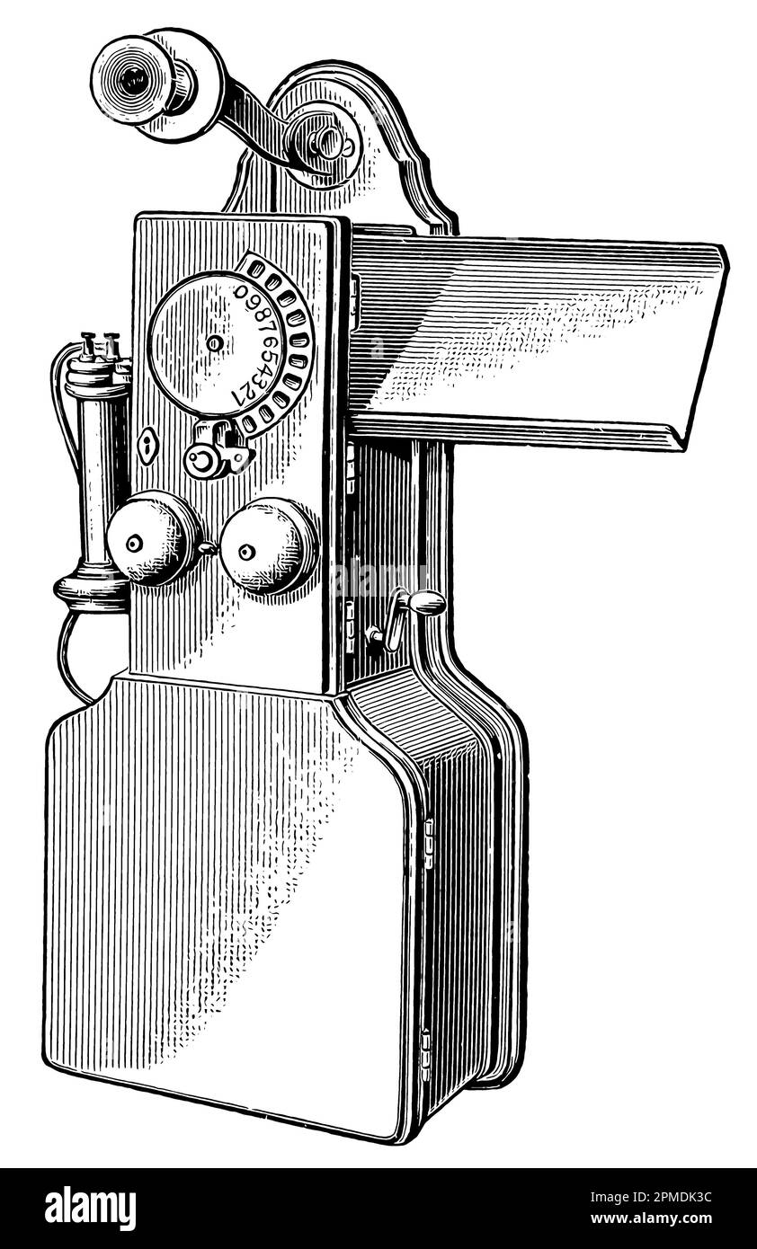 Alloggiamento dell'abbonato di Strowger per il funzionamento automatico del telefono. Pubblicazione del libro 'Meyers Konversations-Lexikon', Volume 2, Lipsia, Germania, 1910 Foto Stock