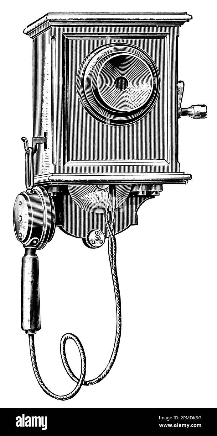 Alloggiamento del telefono. Alloggiamento montato a parete sotto forma di armadio. Pubblicazione del libro 'Meyers Konversations-Lexikon', Volume 2, Lipsia, Germania, 1910 Foto Stock