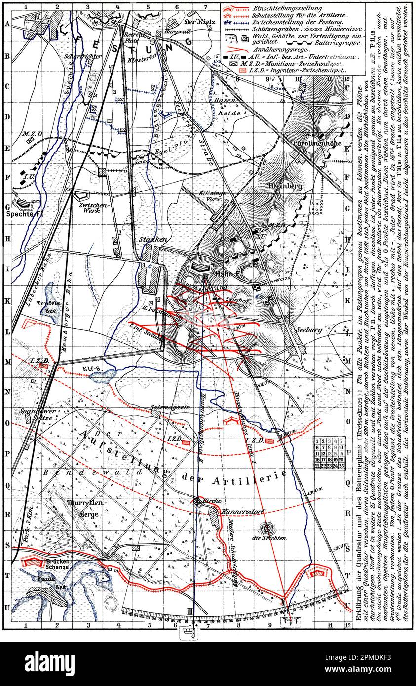 Fortezza e Guerra di Fortezza. Parte del processo di attacco e difesa di un forte. Spiegazione del piano di squadratura e della batteria. Pubblicazione del libro Meyers Konversations-Lexikon, Vol.2, Lipsia, Germania, 1910 Foto Stock