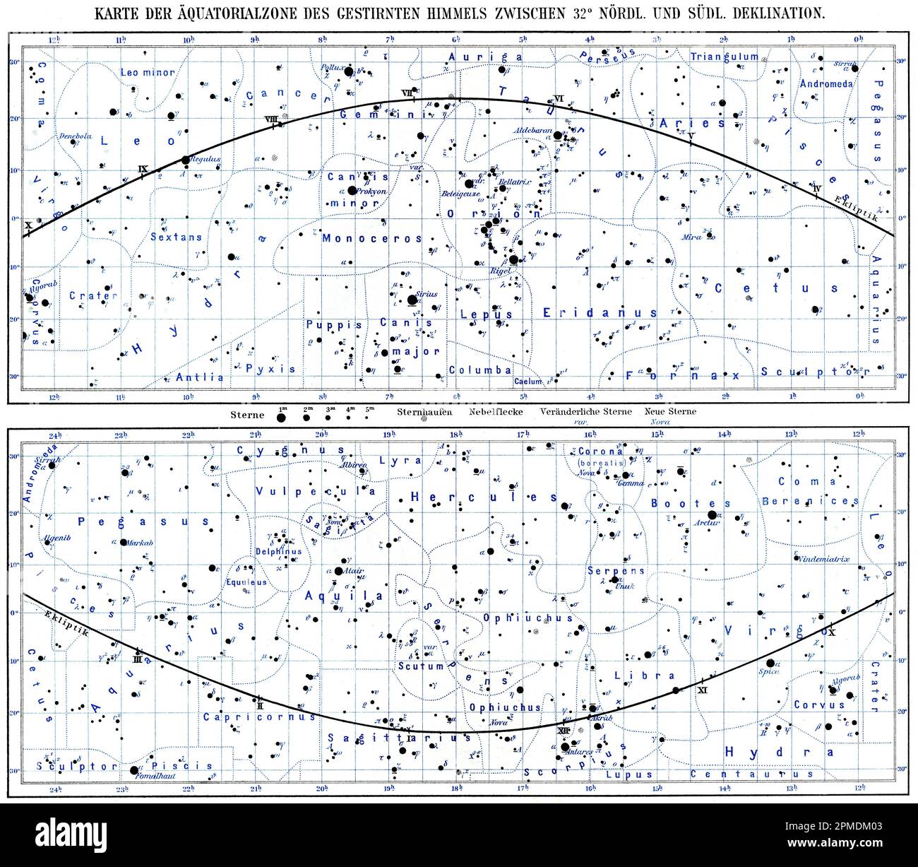 Mappa della zona equatoriale del cielo stellato tra 32° declinazione nord e sud. Pubblicazione del libro 'Meyers Konversations-Lexikon', Volume 2, Lipsia, Germania, 1910 Foto Stock