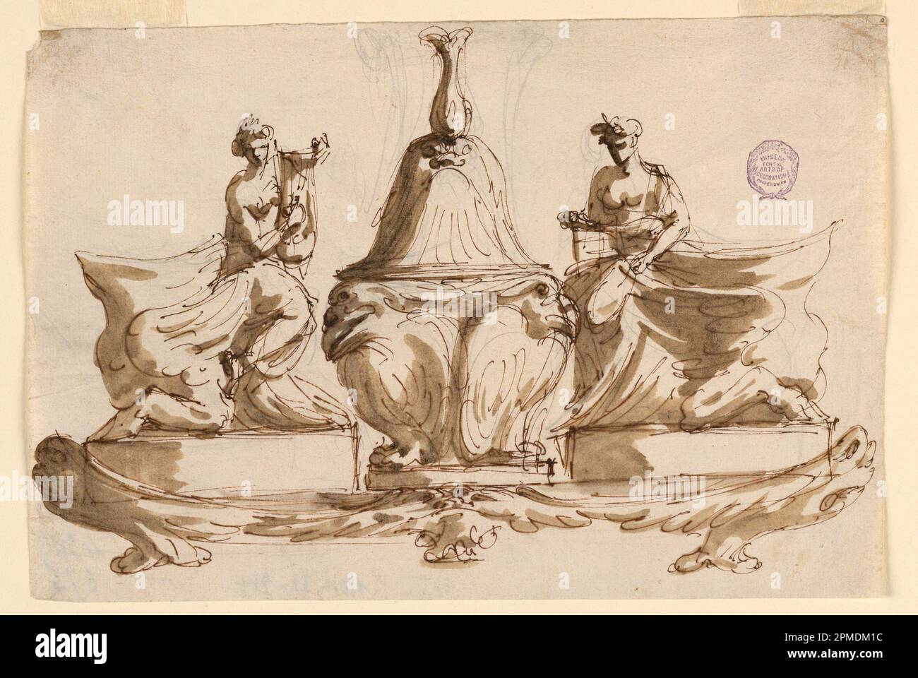 Disegno, disegno per uno stand Inkstand; disegnato da Giuseppe Bernardino Bison (italiano, 1762 - 1844); Italia; grafite, penna e inchiostro, spazzolare e lavare su carta Foto Stock