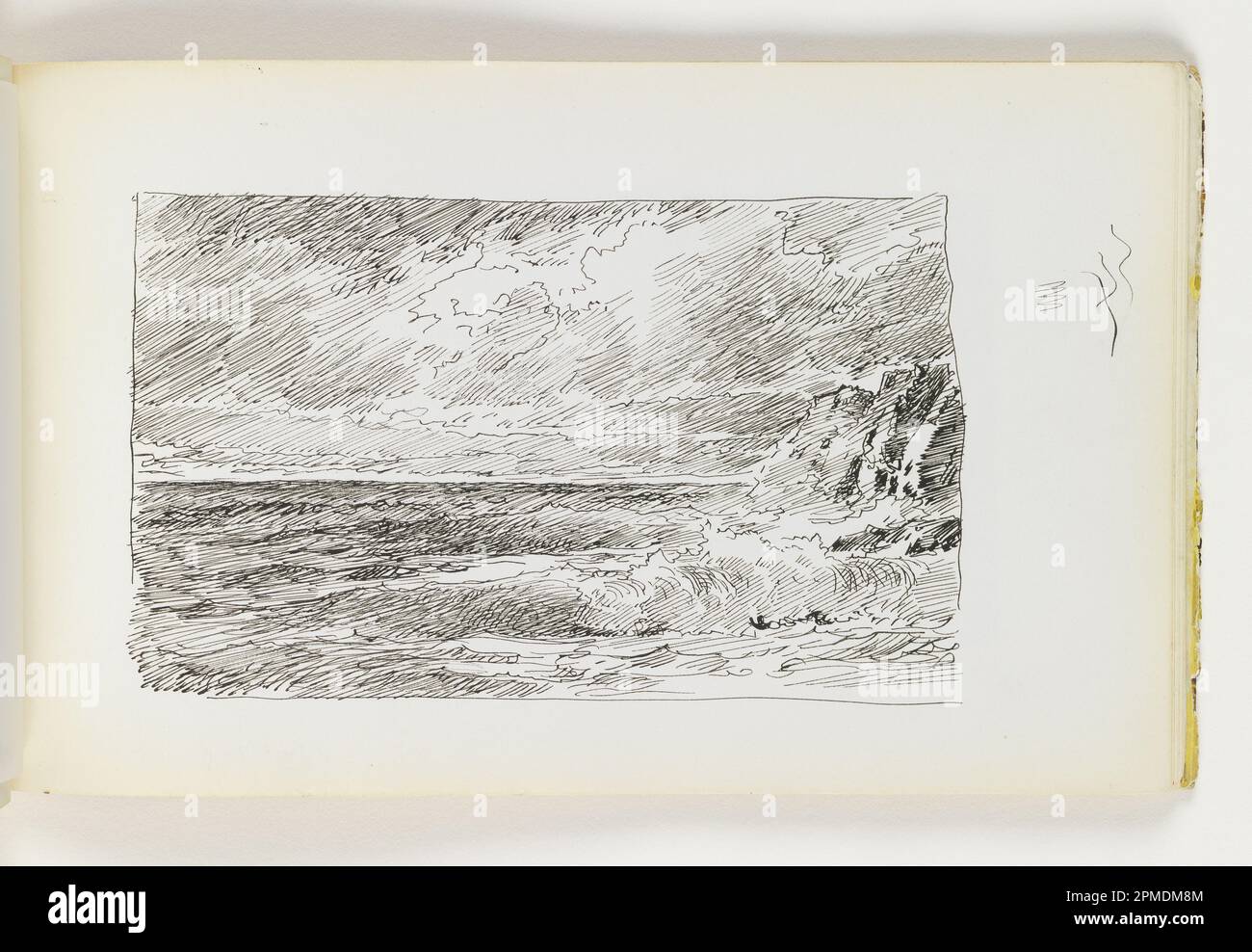Libro di schizzo Folio, onde che si infrangono di fronte alle scogliere distanti; William Trost Richards (americano, 1833–1905); USA; penna e inchiostro nero su carta bianca ovata; 8,5 x 13,9 cm (3 3/8 x 5 1/2 in.), foglio irregolare: 12,3 x 19,5 cm (4 13/16 x 7 11/16 in.) Foto Stock
