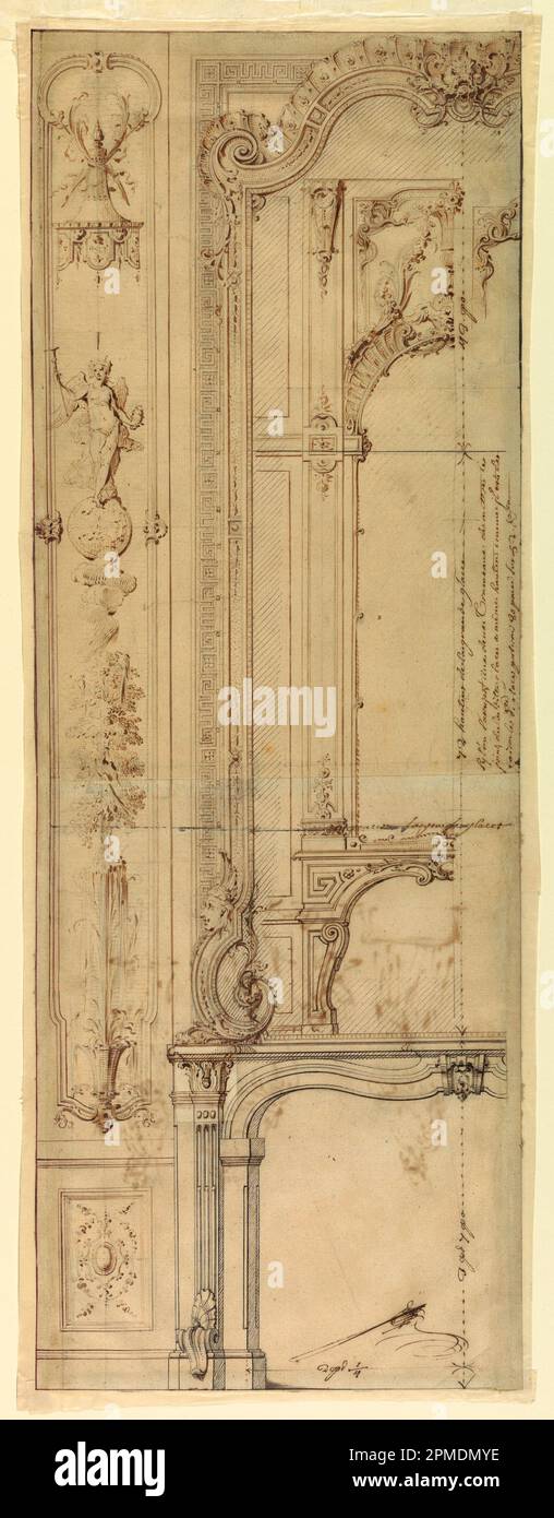 Disegno, disegni per Chimney Mantels per il Hôtel de Pomponne, Place des Victoires, Parigi; progettato da Gilles-Marie Oppenord (francese, 1672-1742); Francia; penna con pennello e inchiostro nero, rosso, grafite su due fogli di carta crema unita; 79,1 x 27,4 cm (31 1/8 x 10 13/16 in.) Foto Stock