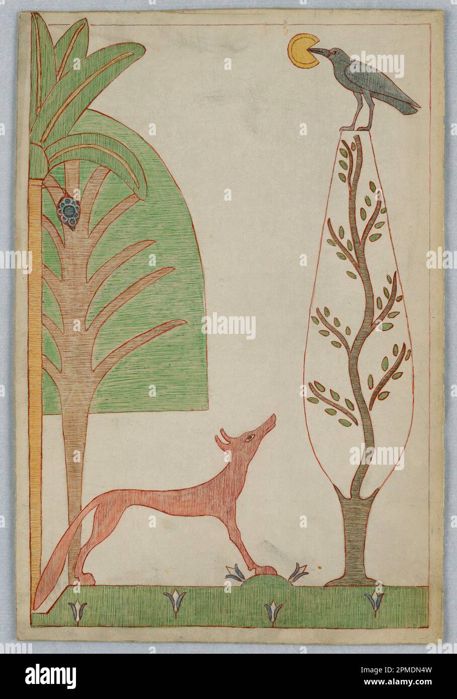 Disegno, la volpe e il corvo, illustrazione per le fiabe di Aesop; Victor Wilbour; USA; penna e inchiostro rosso, pastello su lavagna bianca; 22,6 x 15,3 cm (8 7/8" x 6 poll.); 1918-44-18 Foto Stock