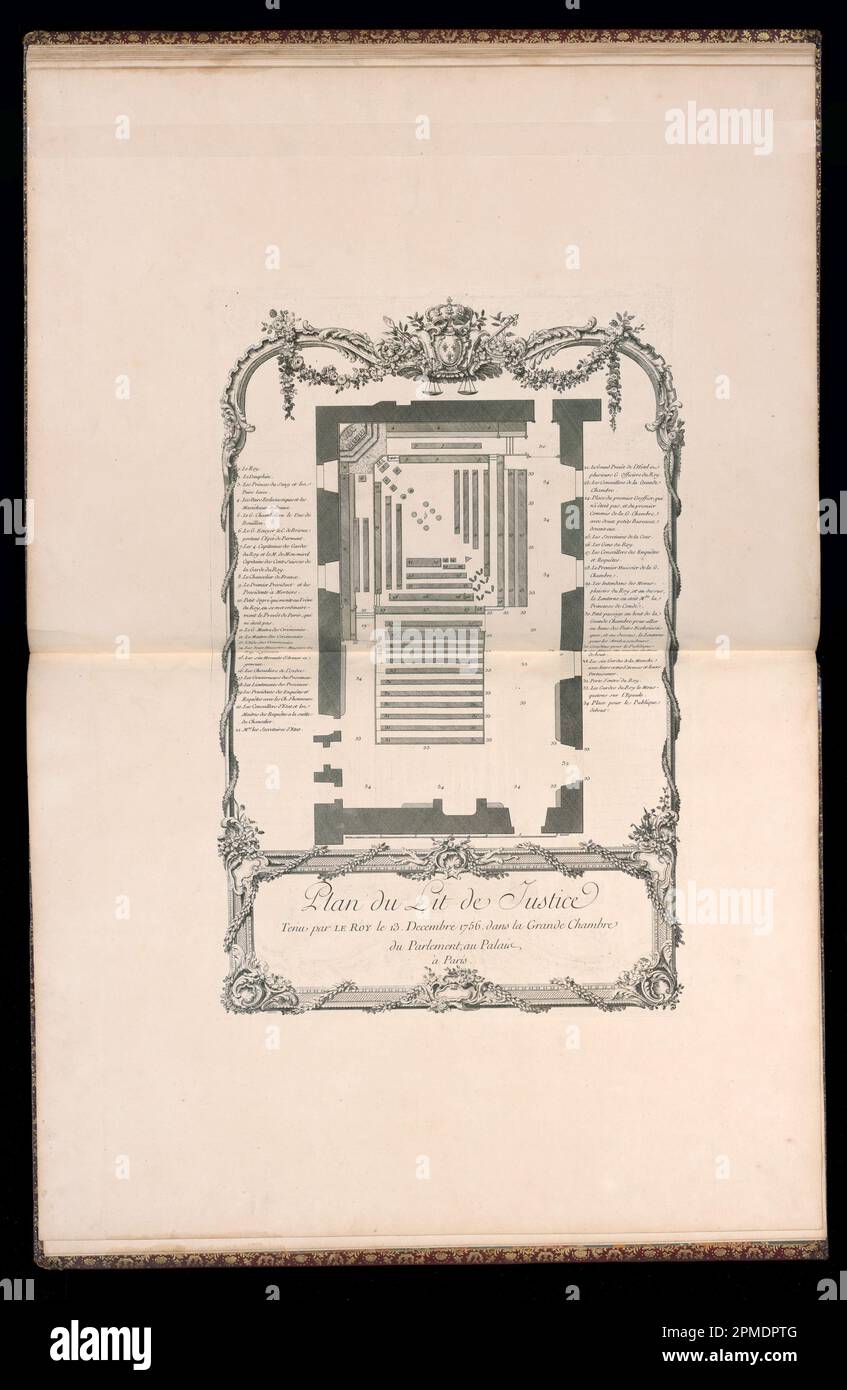 Bound Print, Plan du Lit de Justice (piano del letto di giustizia); progettato da Francois Nicolas Martinet (francese, 1739 - dopo il 1796); pubblicato da Menus-Plaisirs du Roi; Francia; incisione e incisione su carta Foto Stock
