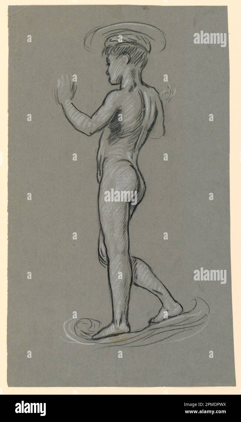 Disegno, studio di figura per il disegno di una fontana; Elihu Vedder (americano, 1836 – 1923); USA; pastello nero, gesso bianco, su carta grigia; 32,2 x 19,4 cm (12 11/16 x 7 5/8 pollici) Foto Stock